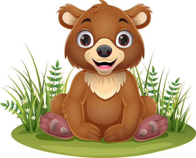 Cartoon baby brown bear sitting in the grass