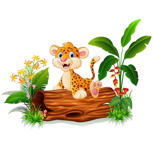 Cartoon baby cheetah op boomstam