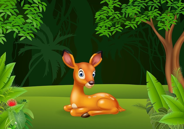 ジャングルに座っている漫画の赤ちゃんの鹿