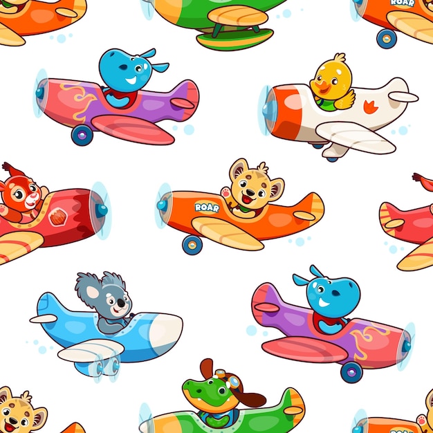 Cartoon baby dieren op vliegtuigen naadloos patroon