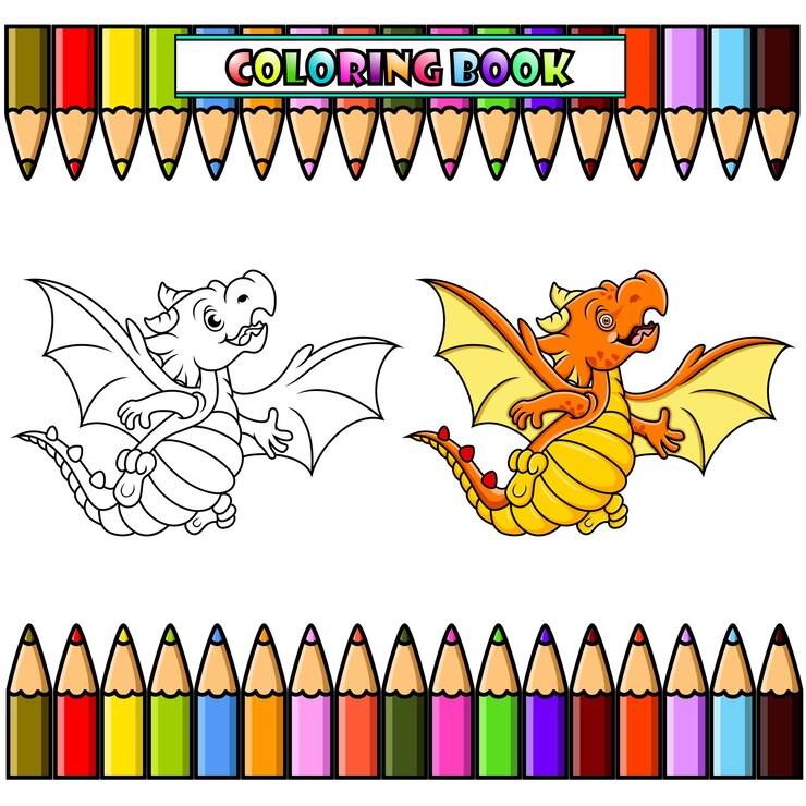 Cartoon baby dragon flying for coloring book