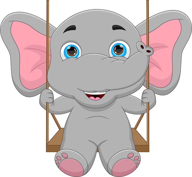 Cartoon baby elephant playing on the swing