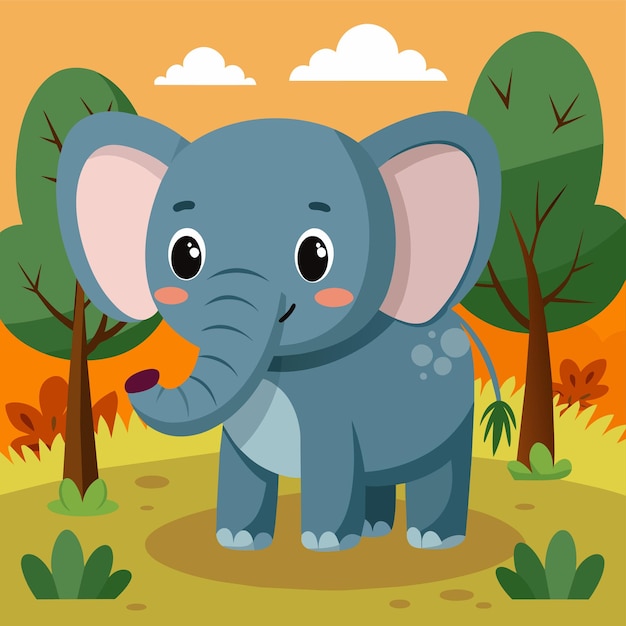 Vector a cartoon of a baby elephant with trees in the background