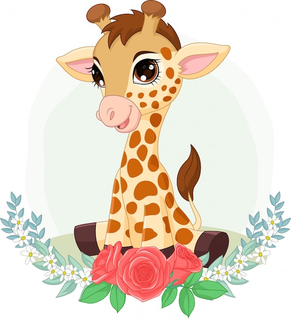 Cartoon baby giraffe sitting with flowers background