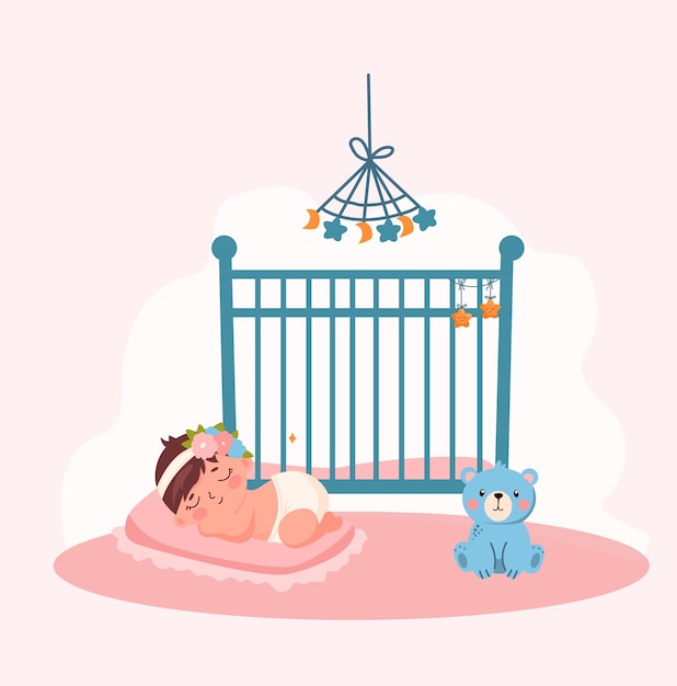 Vector cartoon baby girl sleeping in the crib vector illustration