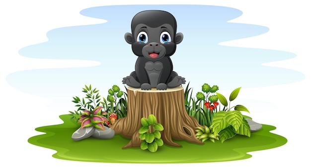 Cartoon baby gorilla sitting on tree stump