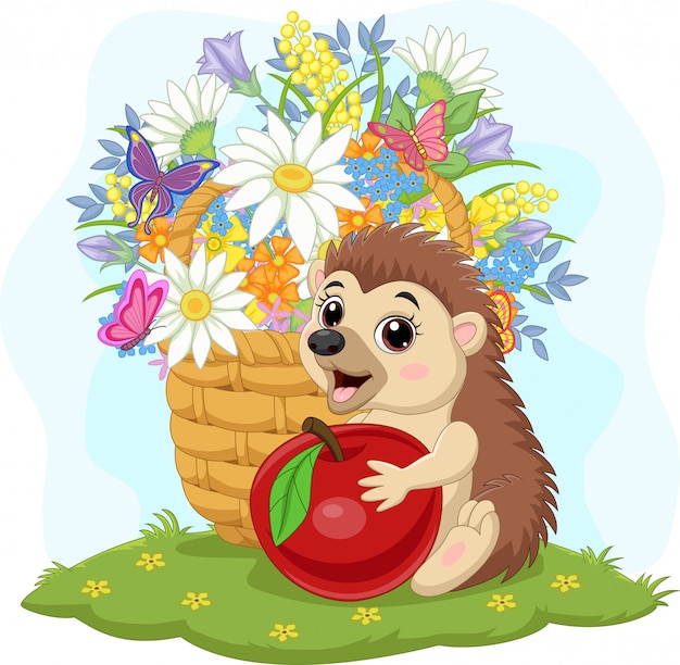 Cartoon baby hedgehog with apple and flowers in the basket