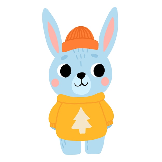 Cartoon baby konijn in trui en muts Leuke blauwe winterkonijn staande Geïsoleerde vectorillustratie voor kinderboek
