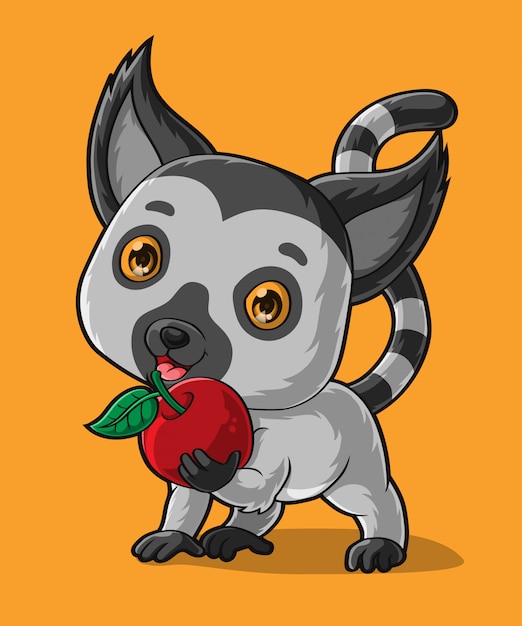 Cartoon baby lemur holding red apple, hand drawn