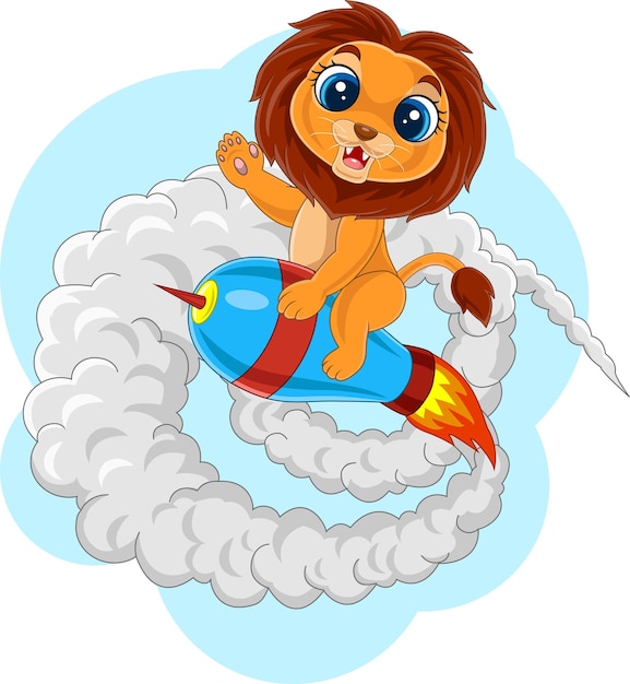 Cartoon baby lion riding rocket