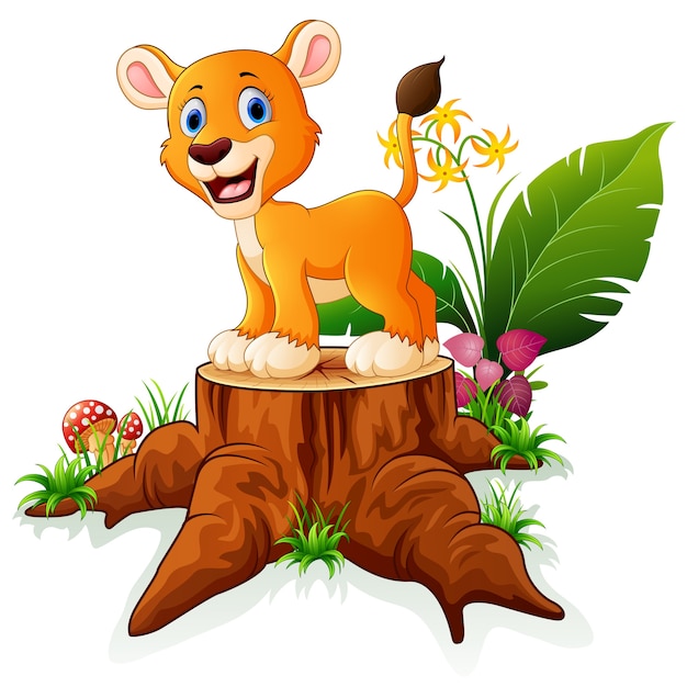 Cartoon baby lion on tree stump