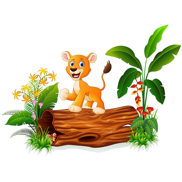 Cartoon baby lion on tree trunk