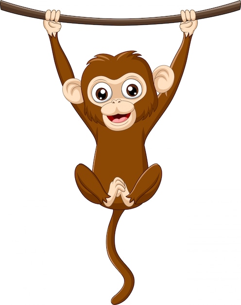 Scimmia del bambino del fumetto che appende su un ramo di legno