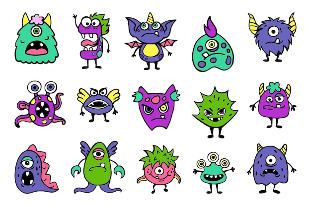 Cartoon baby monsters gezicht sjablonen schreeuwende aliens en halloween mutanten ogen en tanden angstaanjagend hoorn dier speelgoed super grappige hoofden kinderontwerp vector nette platte illustratie