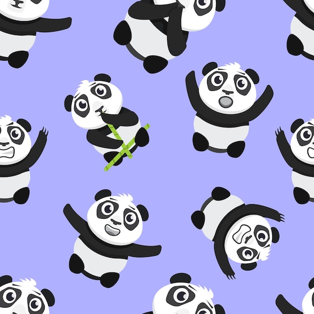 Маленькие панды в разных позах, бесперебойный рисунок, милые, нарисованные вручную плоские панды, агрессивные, смешные, напуганные, счастливые панды, векторные рисунки.