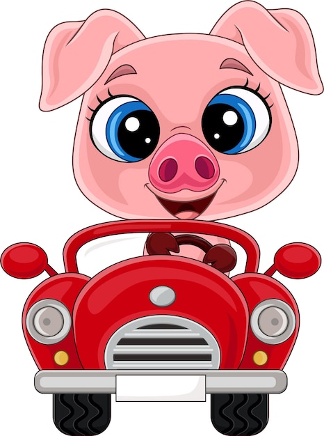 赤い車を運転する漫画の子豚