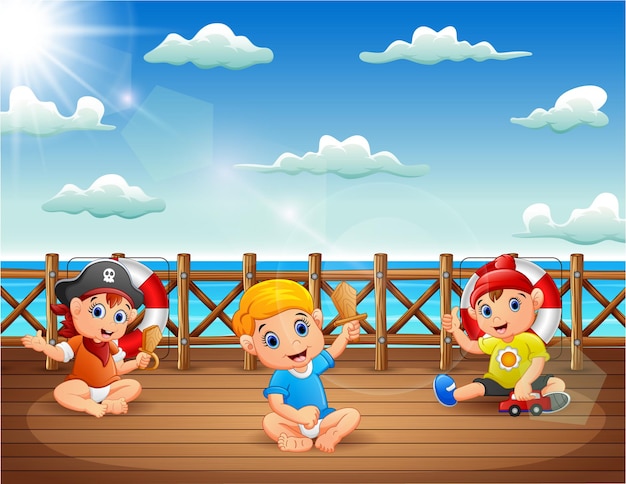 Cartoon baby pirates on a decks of a ship