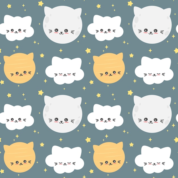 Cartoon baby seamless pattern with night sky with cartoon character cat planet and cat clouds