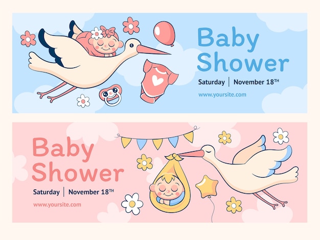 Cartoon baby shower horizontal banner template collection with stork carrying a baby