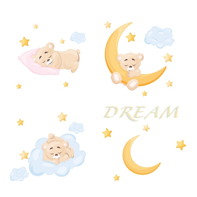 Cartoon baby sleeping on the moon and the moon.