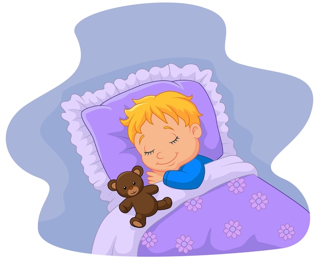 Vettore bambino del fumetto che dorme con l'orsacchiotto