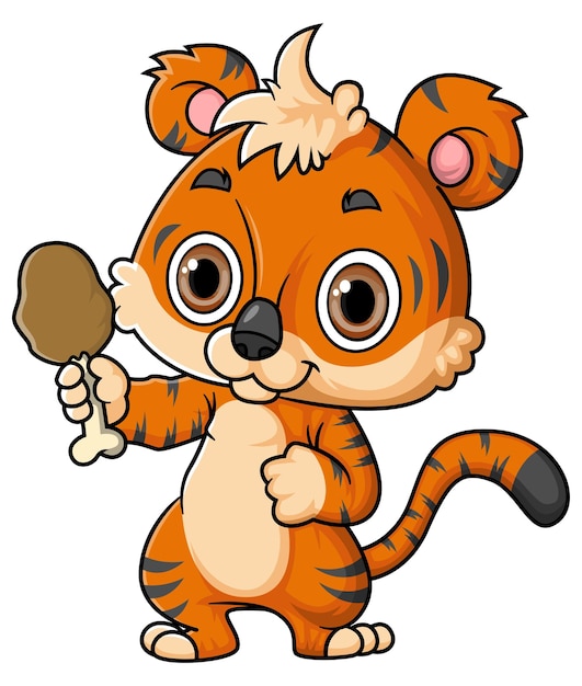 Cartoon baby tiger holding meat