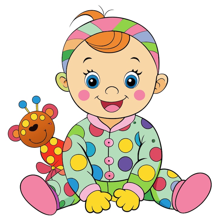 Vector a cartoon of a baby wearing a colorful outfit with a teddy bear