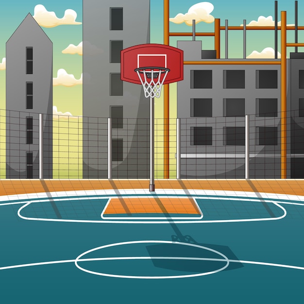 Vector cartoon background of basketball court in city