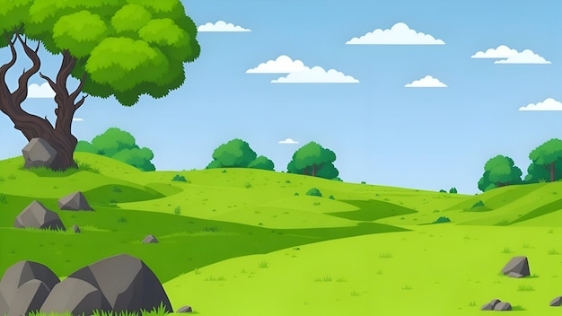 Paesaggio verde sullo sfondo dei cartoni animati con rocce e alberi