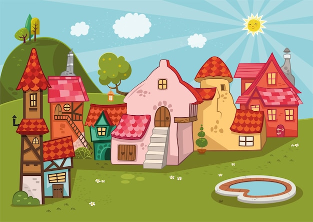 Cartoon background of a medieval village Vector illustration