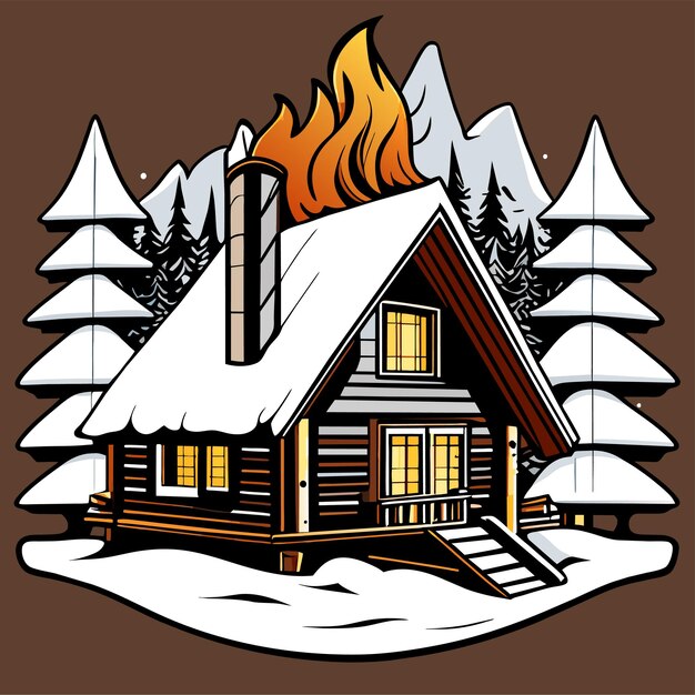 Vector cartoon background with a luxury cabin cottage winter landscape backgrounds with houses