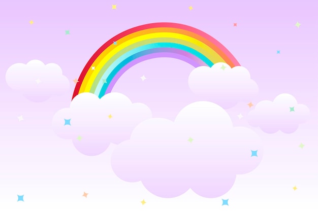 Cartoon background with rainbow in the sky and clouds for graphic design. Vector illustration cute background with stars for wallpaper.