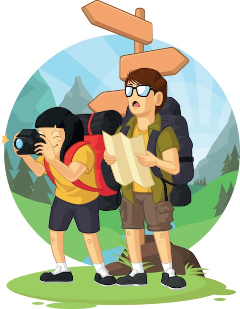 Vector cartoon of backpacker boy & girl enjoying vacation