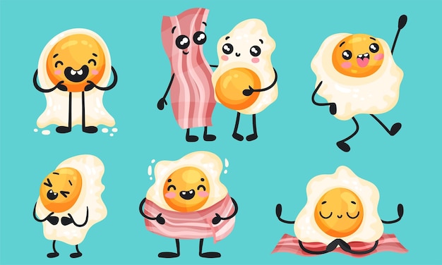 Cartoon Bacon Strip en Scrambled Egg doen verschillende activiteiten Vector Set