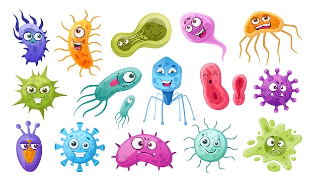 Cartoon bacteria microbes and viruses germs mascots flat vector symbols illustration set