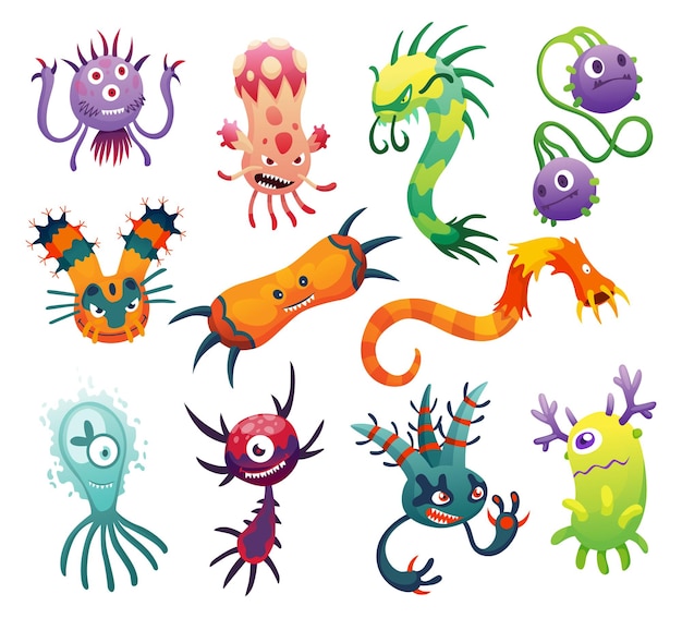 만화 박테리아 바이러스 세균 또는 미생물 세트 재미있는 캐릭터 컬렉션 귀여운 아이 장난감 괴물 아이콘 컬러 스타일 도면 벡터 컬렉션