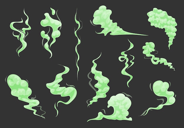 벡터 만화 나쁜 녹색 냄새 구름, 연기 및 독성 증기 세트.