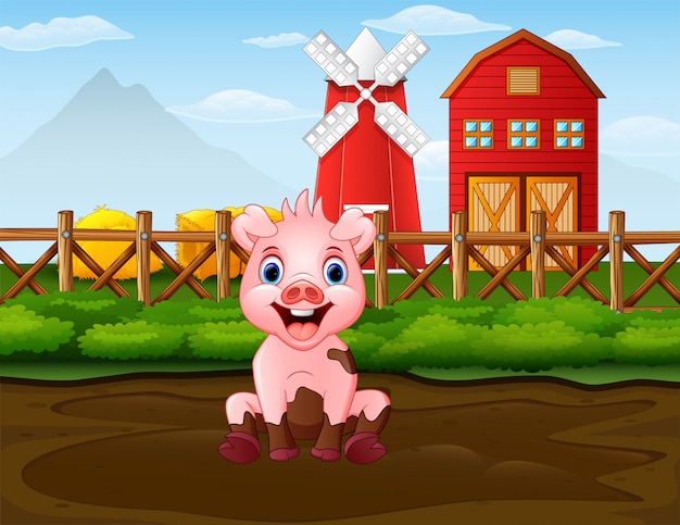 Vector cartoon bad pig in the farm background