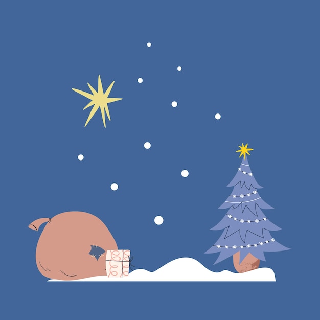 Vector cartoon bag of gifts and a christmas tree in the snow on a dark blue background