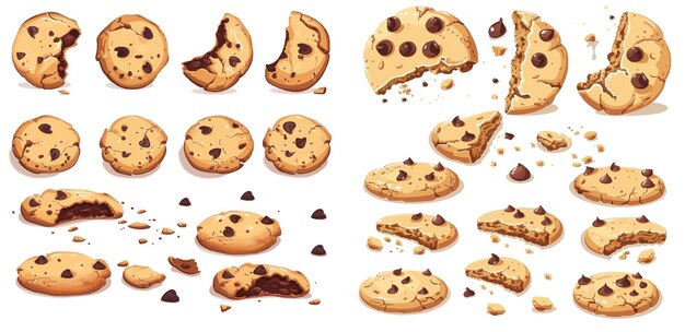 Vector cartoon baked round choco cookies bite animation vector set