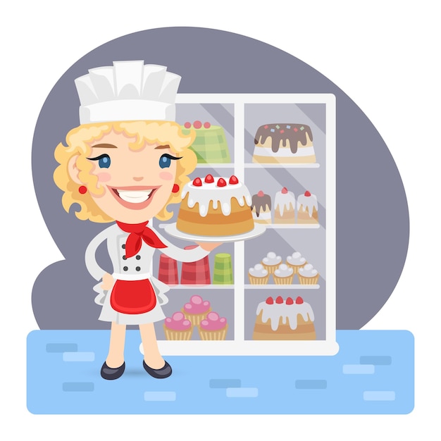 Vector cartoon baker girl with cake