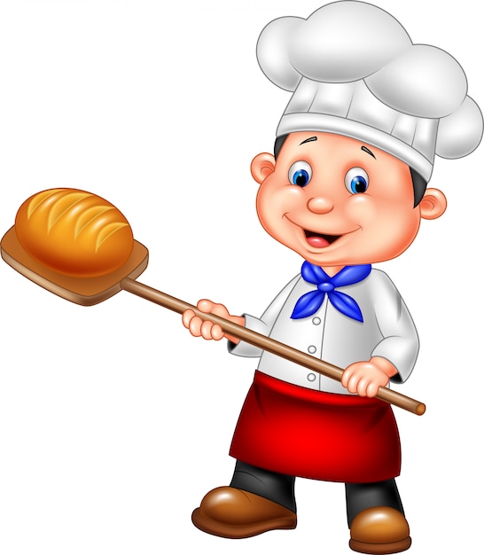 Cartoon baker holding bakery peel tool with bread