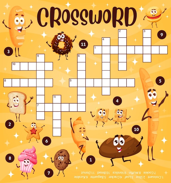 Vector cartoon bakery dessert characters crossword puzzle