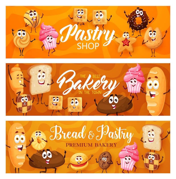 Cartoon bakery pastry cakes or cookies characters