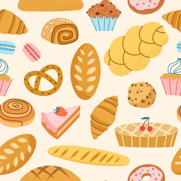 Cartoon bakery products seamless pattern sweet pastry food sugar desserts and flour muffins bread and croissant vector repeat backdropjpg