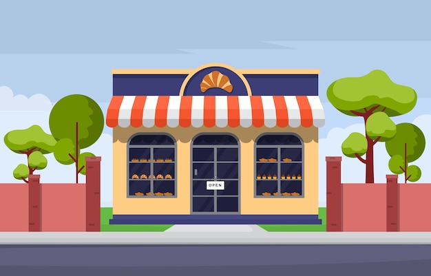 Cartoon bakery shop facade illustration