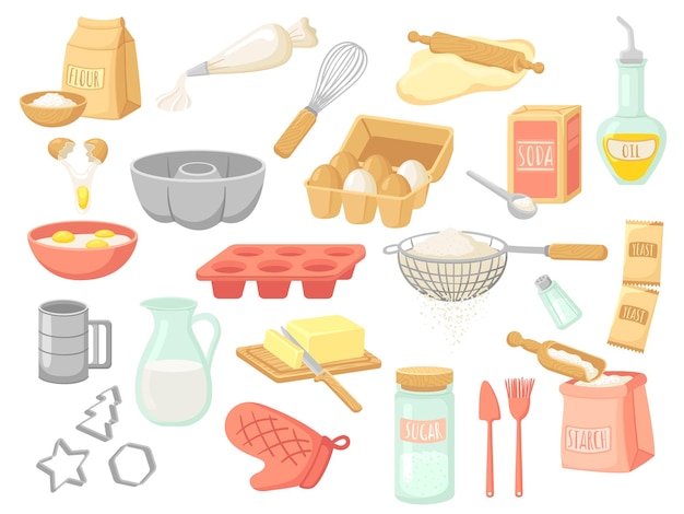 Cartoon baking ingredients Bake products yeast and oil eggs and flour pack Home making dessert sugar milk salt for cooking Bakery elements neat vector clipart