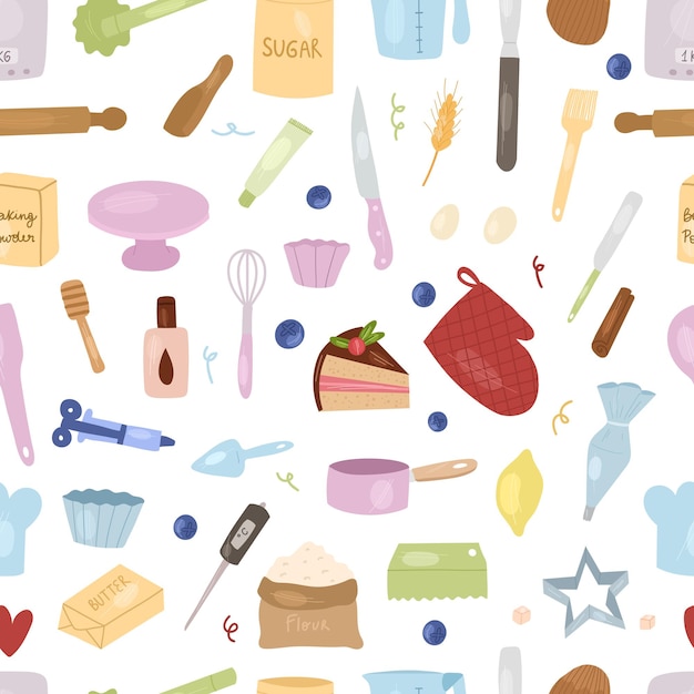 Cartoon baking tools and ingredients seamless pattern: mixer, whisk, eggs, flour, baking powder, rolling pin etc. prepare cooking ingredients.vector hand drawn cartoon illustration.