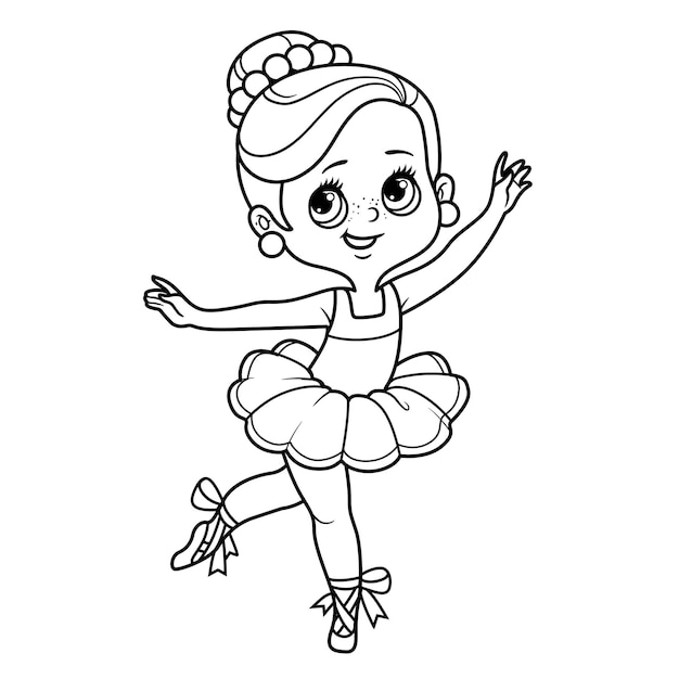 Vector cartoon ballerina meisje dans in weelderige tutu geschetst om in te kleuren geïsoleerd op een witte achtergrond