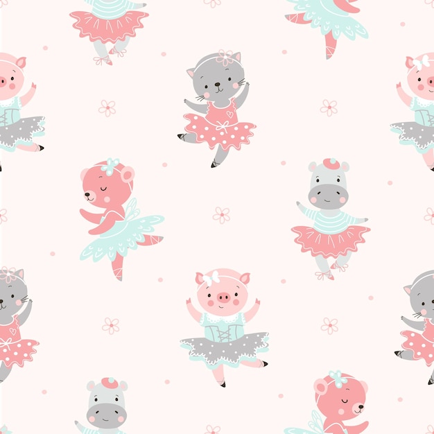 Vector cartoon ballerina seamless pattern ballet dancing cat pig and bear baby funny fabric print cute dancers animals in tutus artistic funny nowaday vector background